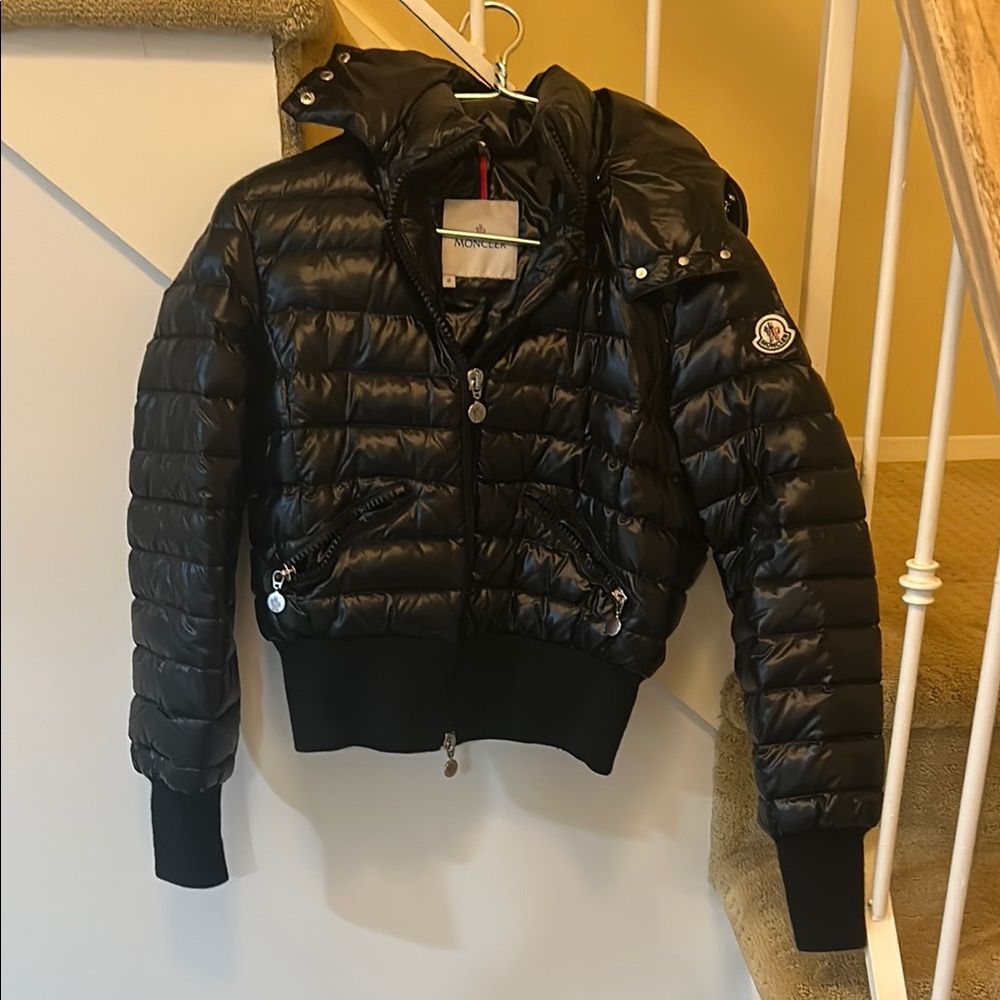 Moncler Black Shiny Quilted Jacket with Logo Label